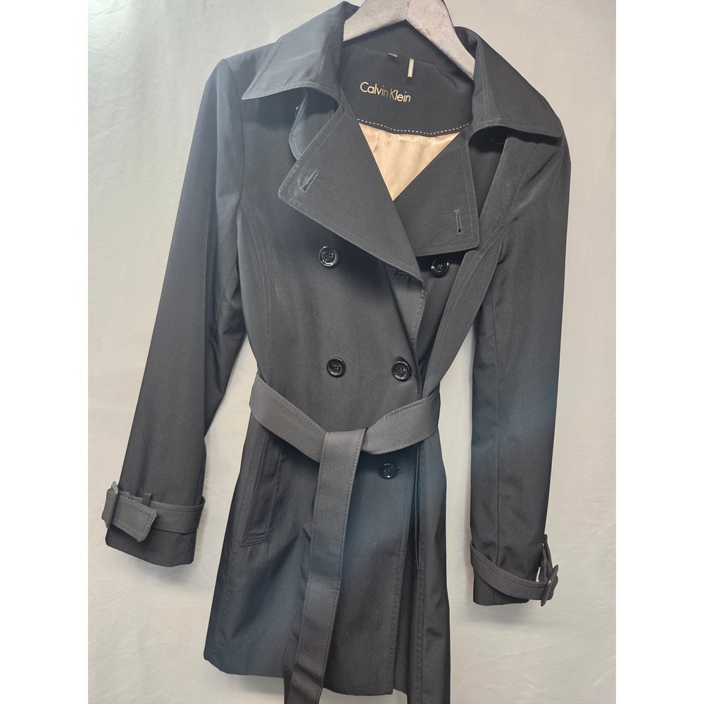 Calvin Klein Trench Coat Women SZ 4 Black Belted Double Breasted Y2K Goth Chic
